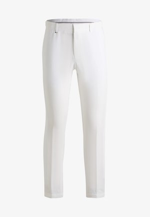 Pantaloni bianchi su misura con una texture liscia, design a gamba dritta e due tasche frontali con un leggero lucido.