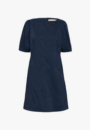 Navy blue knee-length dress with puffed short sleeves, round neckline, and back zipper closure.
