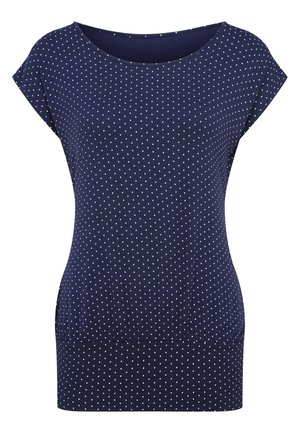 Navy blue polka dot top with short sleeves, round neckline, soft fabric, and a fitted design. Features small white dots evenly spaced.