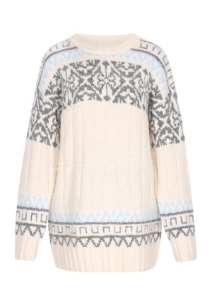 Strikket sweater i creme med grå og lyseblå geometriske mønstre. Har en rund halsudskæring, løs pasform og ribbet manchetter og kant.