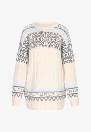 Gebreide trui in crèmekleur met grijze en lichtblauwe geometrische patronen. Heeft een ronde hals, een losse pasvorm en geribbelde manchetten en zoom.