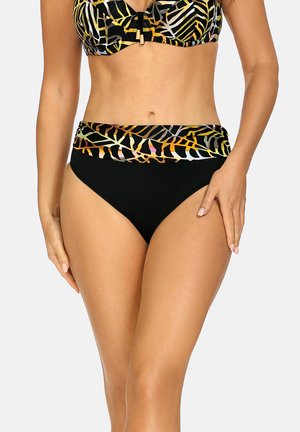 Czarny zestaw bikini z wielokolorowym abstrakcyjnym wzorem na górnej taśmie. Dół ma klasyczny, wysoki fason. Gładka tekstura fabric.