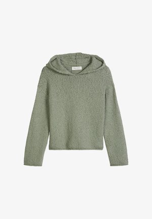 Jasnozielony dzianinowy sweter z kapturem, długimi rękawami, luźnym krojem i miękką, teksturowaną tkaniną, ułożony płasko na białym tle.