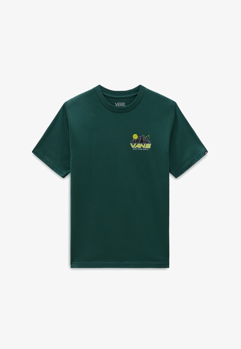 T-shirt Vans à manches courtes vert foncé avec un graphisme de montagne et de soleil ainsi que le texte « Vans Off The Wall » sur le côté gauche de la poitrine.