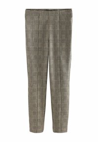 Slim-fit bukser med klassisk sort og beige ternet mønster, lige ben og skræddersyede sømme, vist mod en hvid baggrund.