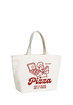 Canvas tote bag with red cartoon chef holding a pizza box, text "Pizza" and "Eat a slice do it twice" on front.