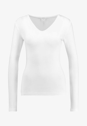 Bílý dlouhý rukáv top s výstřihem do V vyrobený z hladké, lehké látky; obtáhnutý střih bez dalších vzorů nebo kovových detailů.