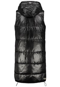 Long gilet matelassé sans manches noir brillant avec capuche attachée et cordons à l'ourlet, vu de dos.