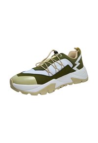 Green and white athletic shoe with a textured upper, featuring elastic laces, a prominent zigzag design, and a chunky, contrasting sole.
