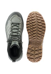 Graue Wanderschuhe mit einem strukturierten Obermaterial aus Stoff, einer Gummikappe an der Zehe und einer braunen, gemusterten Außensohle. Sie verfügen über verstellbare Schnürsenkel und verstärkte Ösen.