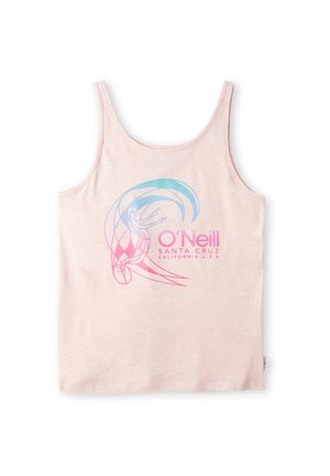 Jasnoróżowy top na ramiączkach z pastelową grafiką surfera jadącego na fali oraz napisem "O'Neill Santa Cruz California U.S.A" w kolorze różowym.