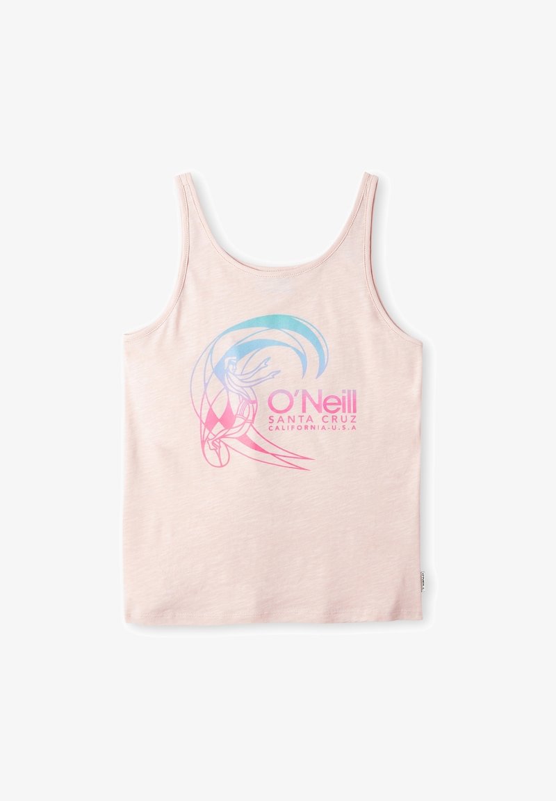 Débardeur rose clair avec un graphisme pastel d'un surfeur chevauchant une vague et le texte "O'Neill Santa Cruz California U.S.A" en rose.