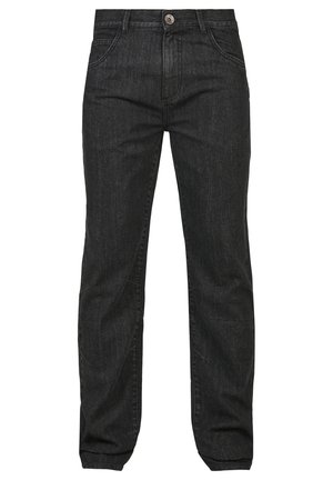 Mustmustest muströöpidega mustad teksad, millel on sirge jalgade disain, nööbiga vöökoht, eesmist taskut ja kergelt kulunud kangamuster.