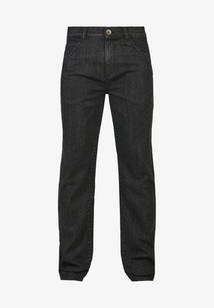 Mustmustest muströöpidega mustad teksad, millel on sirge jalgade disain, nööbiga vöökoht, eesmist taskut ja kergelt kulunud kangamuster.