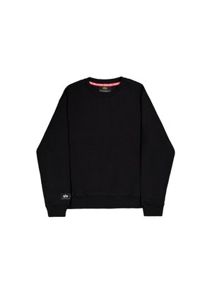 Sweatshirt noir à manches longues, col rond, poignets et ourlet côtelés, avec une étiquette de marque en bas à gauche et une étiquette intérieure rouge.