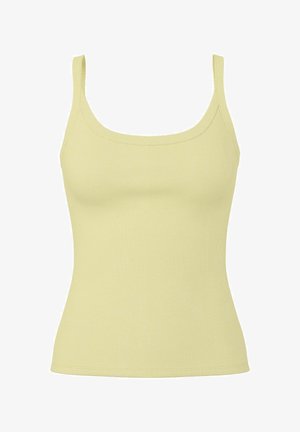 Lichtgele geribbelde mouwloze tanktop met een ronde halslijn en een aansluitende pasvorm op een witte achtergrond.