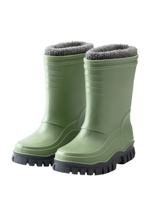 Green waterproof boots with a textured gray fleece lining and a thick, rugged black rubber sole. Slightly curved design and ribbed upper.