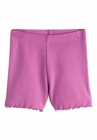 Short en tissu côtelé violet avec une taille élastique et un ourlet festonné sur chaque ouverture de jambe.