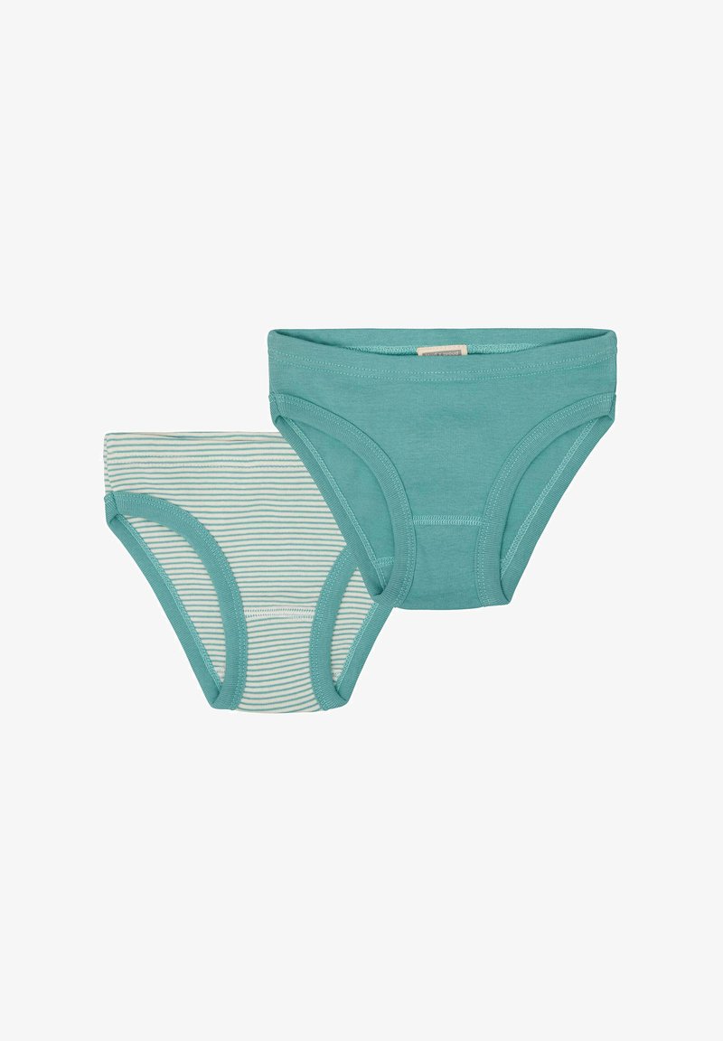 Due coppie di biancheria intima femminile: una di colore teal uniforme e l'altra a righe in teal e bianco. Entrambe sono realizzate in morbido cotone con vita elastica.