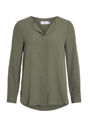 Olijfgroen blouse met lange mouwen, een notch-kraag, knoopsluiting aan de voorkant en een ronde zoom. Gemaakt van een gladde stof en heeft een ontspannen pasvorm.