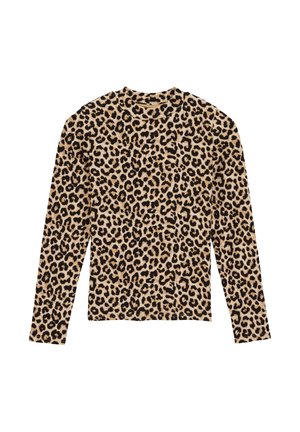 T-shirt à manches longues en imprimé léopard avec une palette de couleurs beige et noir, décolleté rond et texture côtelée sur l'ensemble.