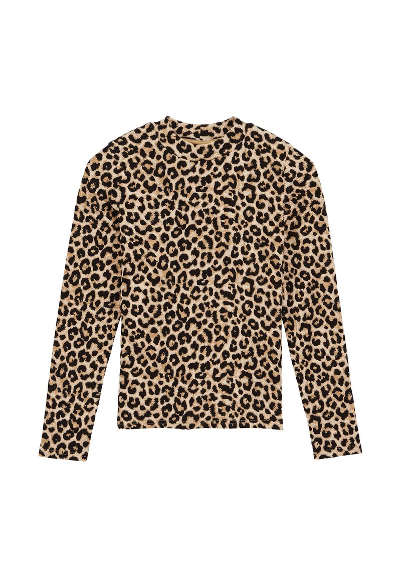Top s dlhým rukávom s leopardím vzorom v béžovo-čiernej farebnej schéme, okrúhlym výstrihom a ribbovanou textúrou po celom obvode.