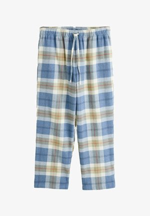 Pantaloni de pijama în carouri albastru, alb și gri, cu talie elastică și șnur alb.