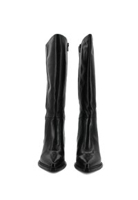 Stivali neri in pelle al ginocchio con punta affusolata e finitura liscia e elegante. Presentano una cerniera laterale discreta e un design minimalista.