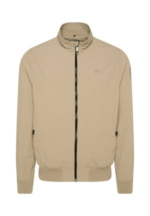 Beige lightweight bomber jacket with a high collar, black zipper, ribbed cuffs, and hem. Features side pockets and a subtle logo on the chest.