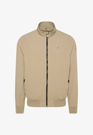 Beige lightweight bomber jacket with a high collar, black zipper, ribbed cuffs, and hem. Features side pockets and a subtle logo on the chest.
