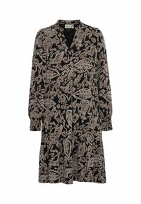 Rochie neagră cu mâneci lungi și fustă pliată. Model floral în nuanțe de bej și crem. Decolteu cu guler și o tăietură ușoară în formă de V.