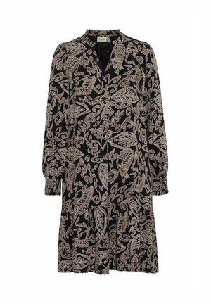 Rochie neagră cu mâneci lungi și fustă pliată. Model floral în nuanțe de bej și crem. Decolteu cu guler și o tăietură ușoară în formă de V.