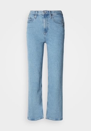 Helle blaue gerade geschnittene Jeans aus Denim, mit einem klassischen Fünf-Taschen-Design, frontalen Knopfverschluss und dezenten Nähdetails.