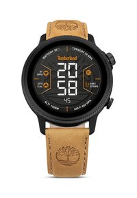 Digitálny hodiniek Timberland s čiernym rámom, analógovo-digitálnym displejom, hnedým koženým remienkom, embosovaným logom a viacerými funkciami na sledovanie zdravia.