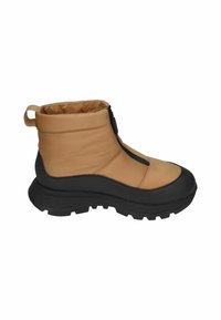 Braune wasserdichte Stiefeletten mit einer schwarzen Gummisohle, ausgestattet mit einem Reißverschluss und einem gepolsterten Kragen für zusätzlichen Komfort. Strukturiertes Obermaterial mit matter Oberfläche.