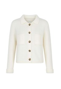 Cardigan blanc court en tissu doux, avec un col, une fermeture à boutons à l'avant et deux poches poitrine aux bords arrondis.