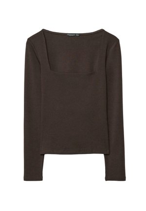 Maglietta a maniche lunghe marrone scuro con scollo quadrato e design aderente. Realizzata in tessuto morbido ed elasticizzato con cuciture minime per un aspetto uniforme.
