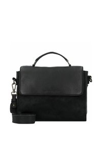 Zwarte leren tas met een structuurover oppervlak, voorzien van een handvat aan de bovenkant, een verstelbare schouderband en een klep sluiting. Minimalistisch ontwerp.