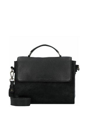 Borsa in pelle nera con finitura testurizzata, dotata di manico superiore, tracolla regolabile e chiusura a pattina. Design minimalista.