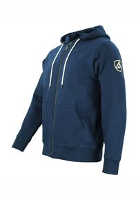 Felpa con zip di colore blu navale realizzata in morbido cotone misto, dotata di tasche frontali, cordini e un logo ricamato sulla manica sinistra.