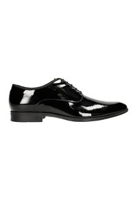 Scarpe eleganti nere in vernice con punta arrotondata, finitura liscia, design con lacci e tacco basso e piatto. Nessun motivo o accento visibile.