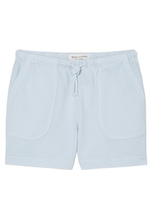 Shorts décontractés bleu clair avec taille élastique, poches avant et cordon de serrage au centre.