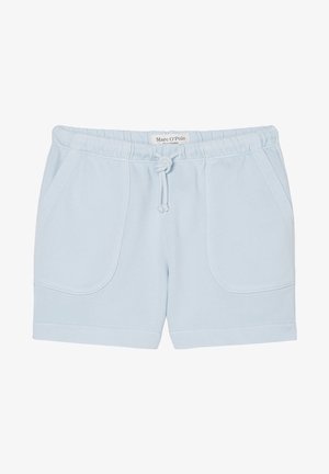 Shorts décontractés bleu clair avec taille élastique, poches avant et cordon de serrage au centre.