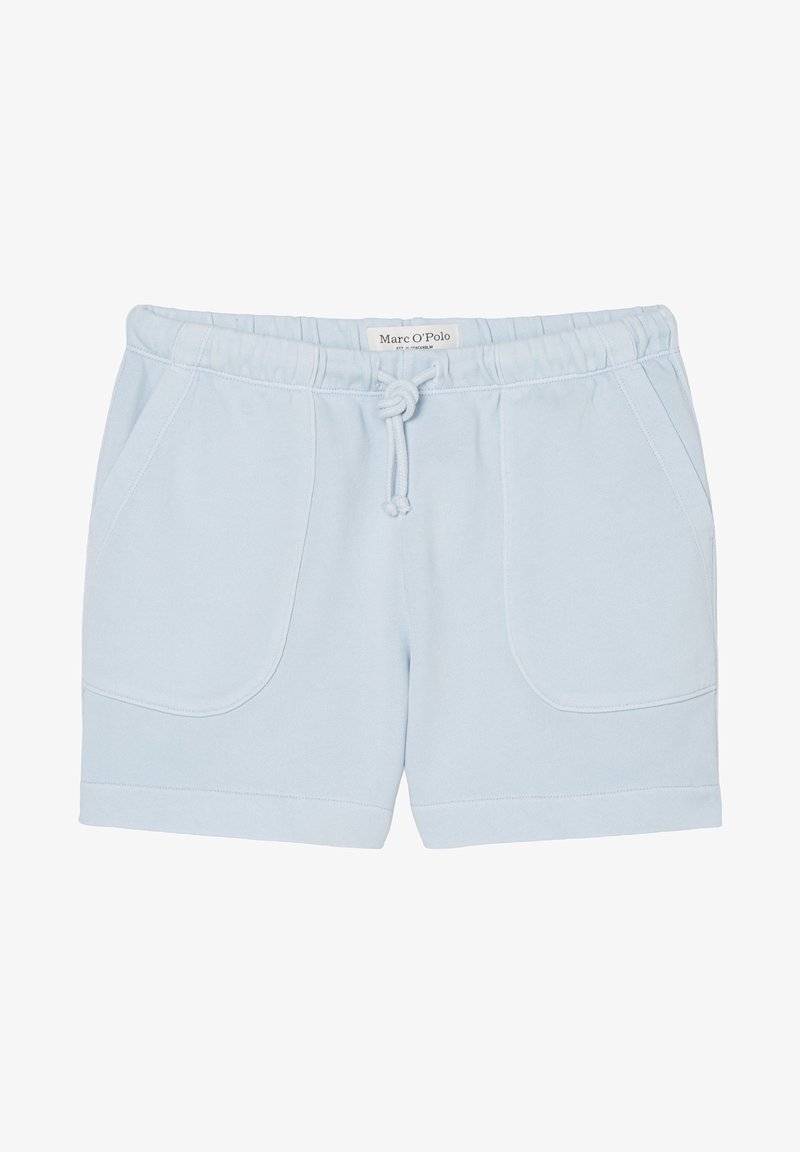 Shorts décontractés bleu clair avec taille élastique, poches avant et cordon de serrage au centre.