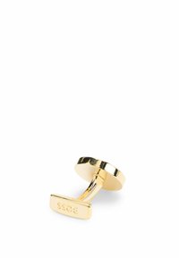 Goldene Manschettenknöpfe mit runder Fläche, polierter Oberfläche und rechteckigen Gravuren, entworfen für formelle Kleidung.