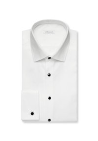 Chemise blanche à manches longues avec boutons noirs et boutons de manchette, pliée soigneusement avec un col classique et une étiquette de marque à l'intérieur.