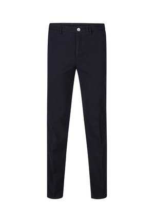Dunkelblaue Baumwollhosen mit Knopfverschluss, seitlichen Taschen und geradem Bein mit minimaler Textur.