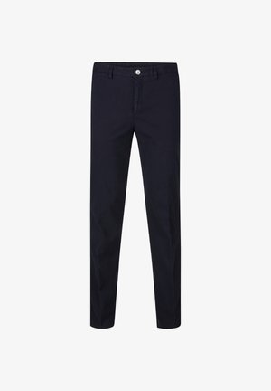 Donkerblauwe broek van katoen, met een knoopsluiting, zijzakken en een rechte pijp met een minimale textuur.