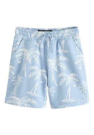 Hellblaue Shorts mit weißen Palmenmustern, elastischem Bund und vorderer Kordelzug, mit seitlichen Taschen.