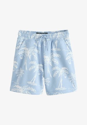 Svijetloplave kratke hlače s bijelim uzorkom palmi, elastičnim pojasom i prednjim vezicama, s bočnim džepovima.